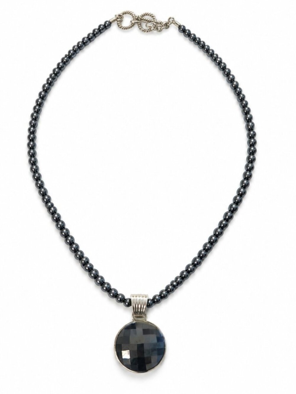 Faceted Hematite Sterling Silver Pendant Beaded Necklace 18.5"